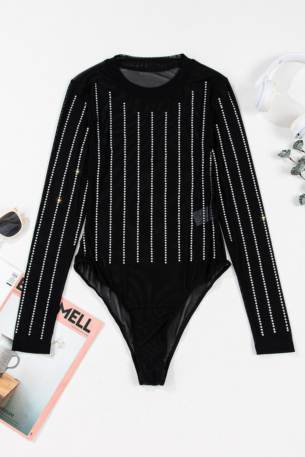 Black Rhinestone Decor Striped Mesh Long Sleeve Bodysuit - Bagged Store