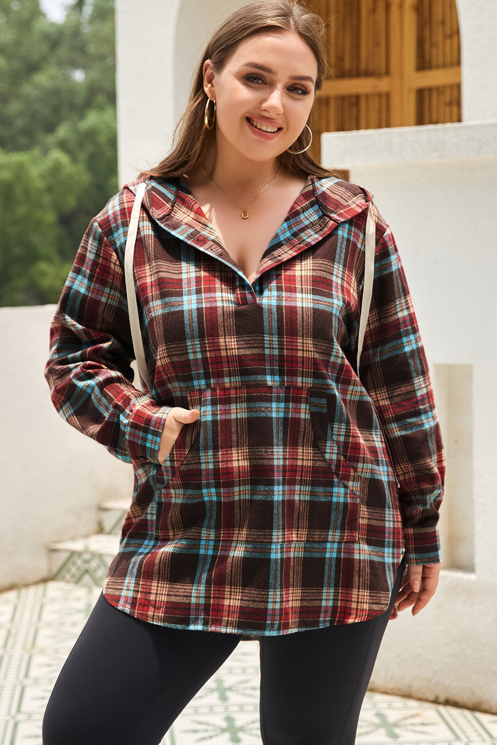 Fiery Red Plus Size Plaid Kangaroo Pocket Drawstring Hoodie - Bagged Store