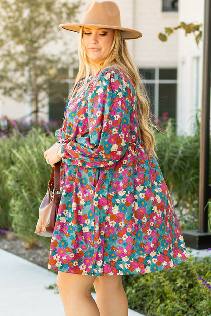 Sky Blue Plus Size Floral Print Shirred Ruffle Tiered Mini Dress - Bagged Store