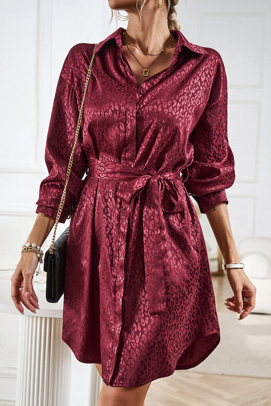 Burgundy Sleek Leopard Long Sleeve Tie Waist Shirt Dress - Bagged Store