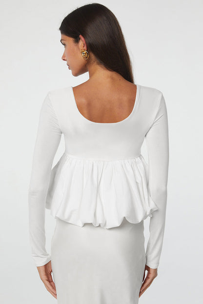 White U Neck Long Sleeve Bubble Hem Top - Bagged Store