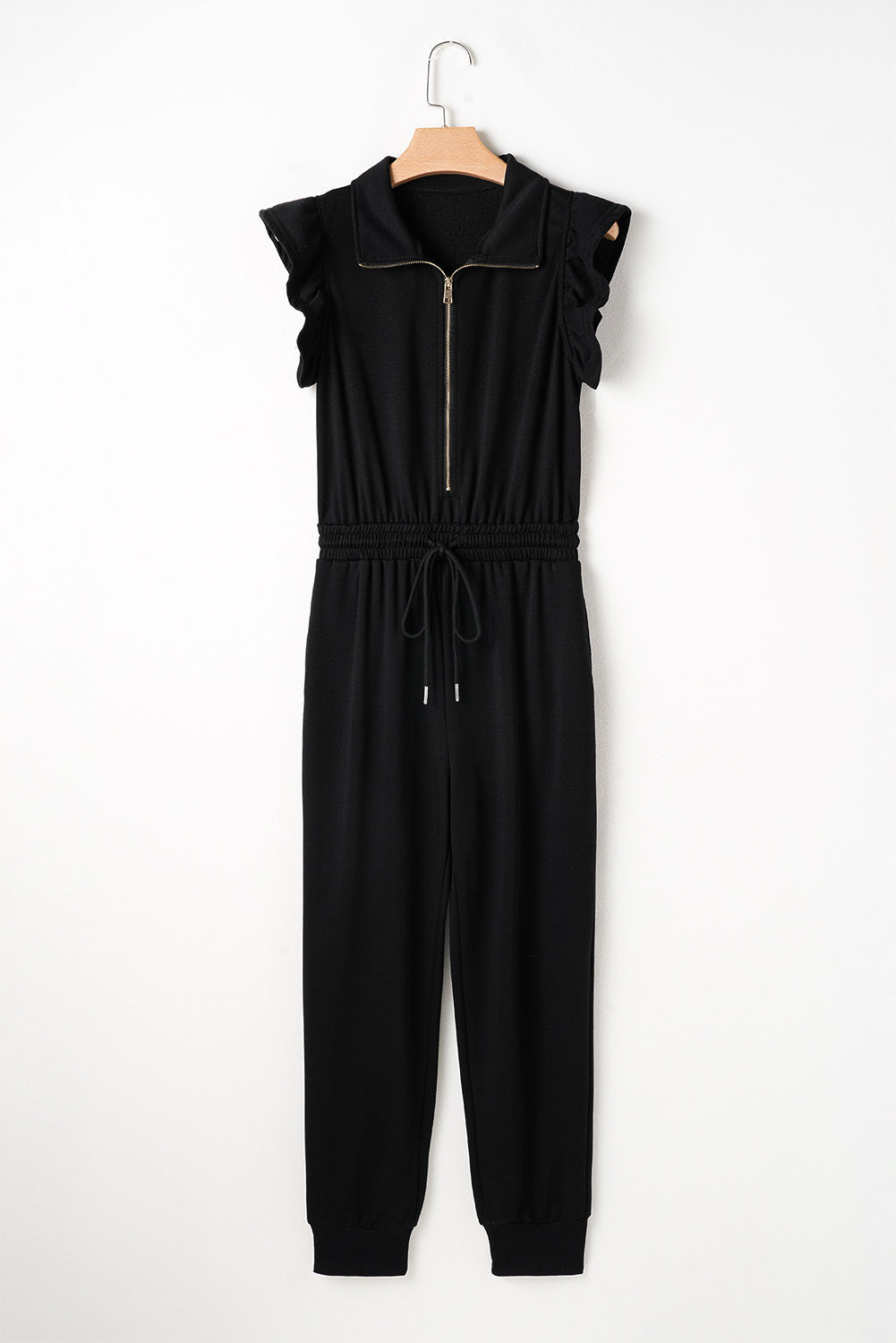 Black Zipper Flutter Sleeve Drawstring High Waist Jumpsuit - Bagged Store