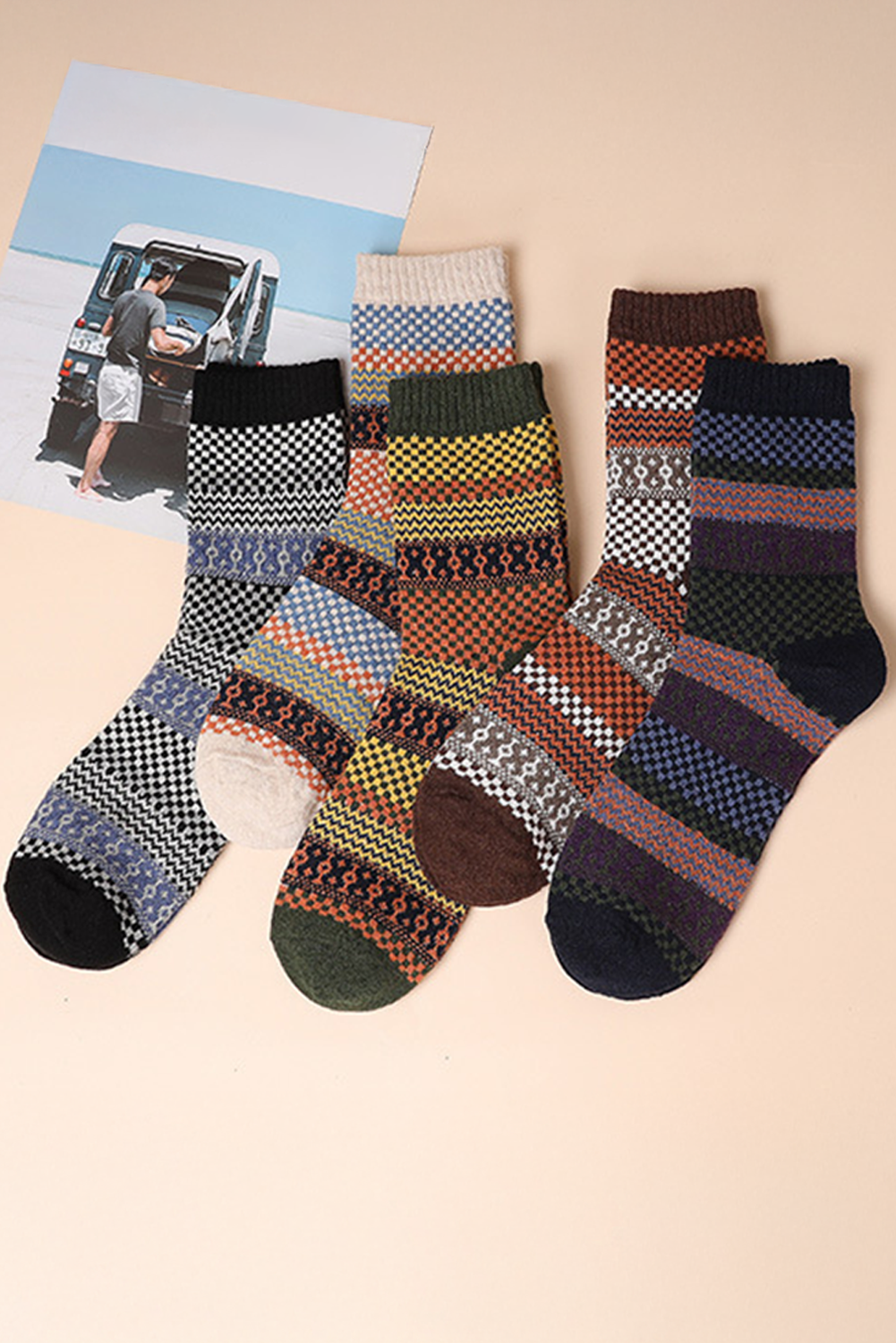 Brown Boho Checkered Pattern Soft Crew Socks Set - Bagged Store