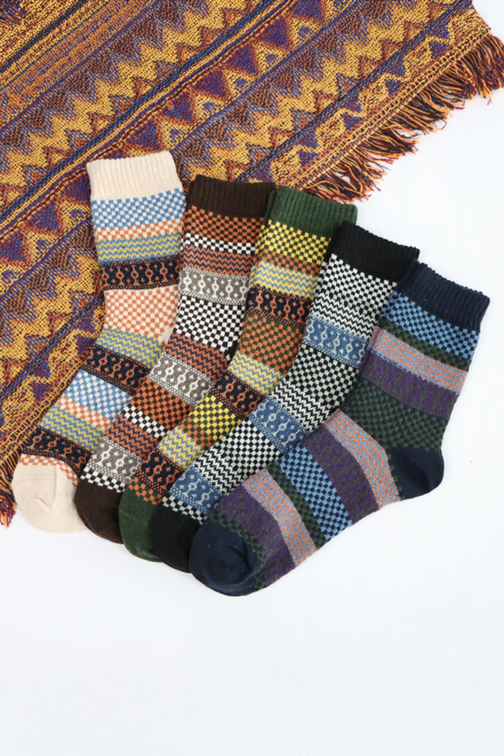 Brown Boho Checkered Pattern Soft Crew Socks Set - Bagged Store