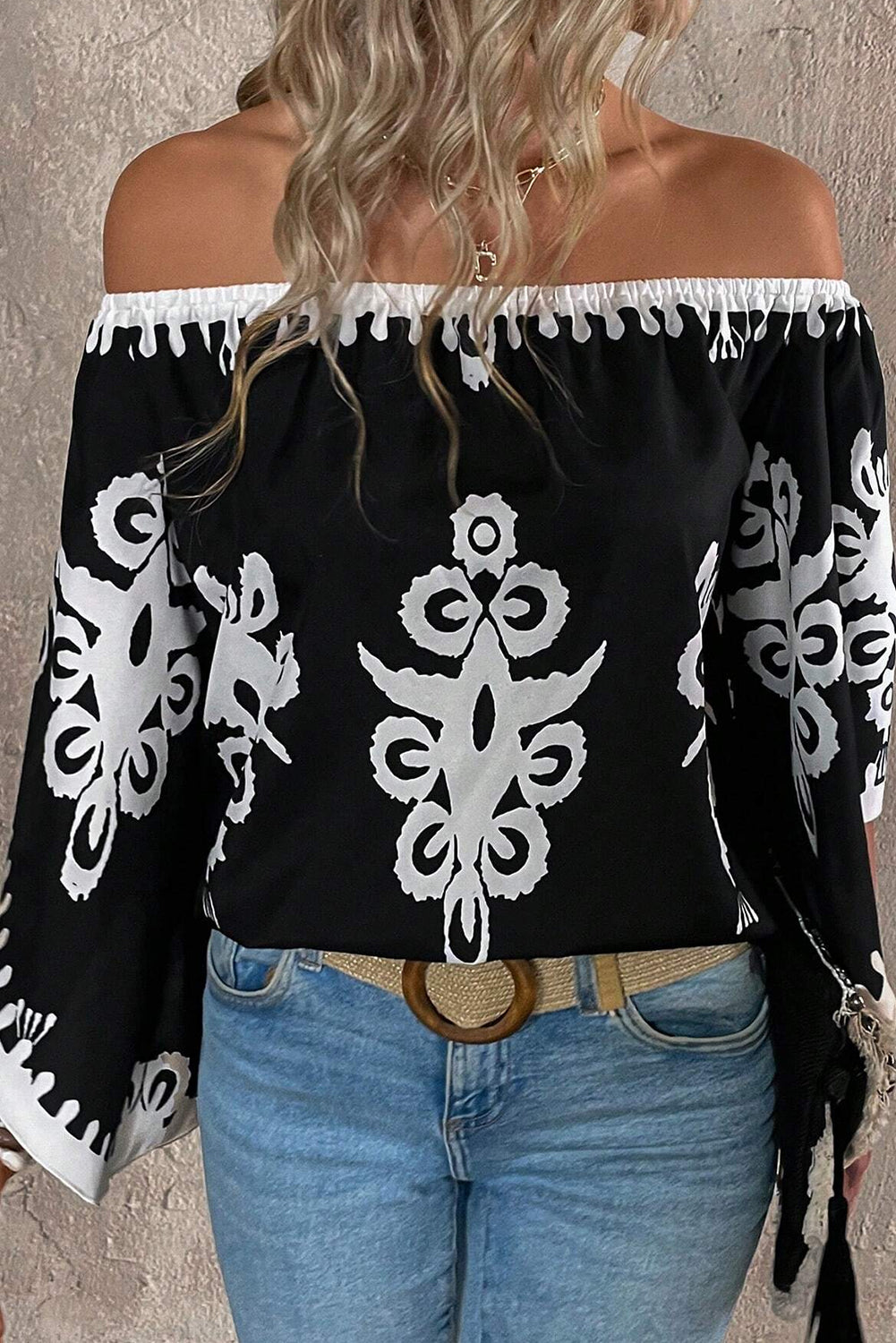 Black Tribal Printed Off Shoulder Loose Sleeve Blouse - Bagged Store