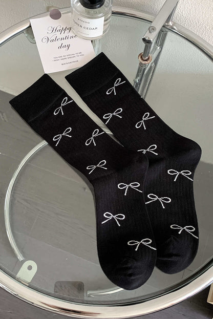 Gray Bow Knot Print Ribbed Crew Socks - Bagged Store