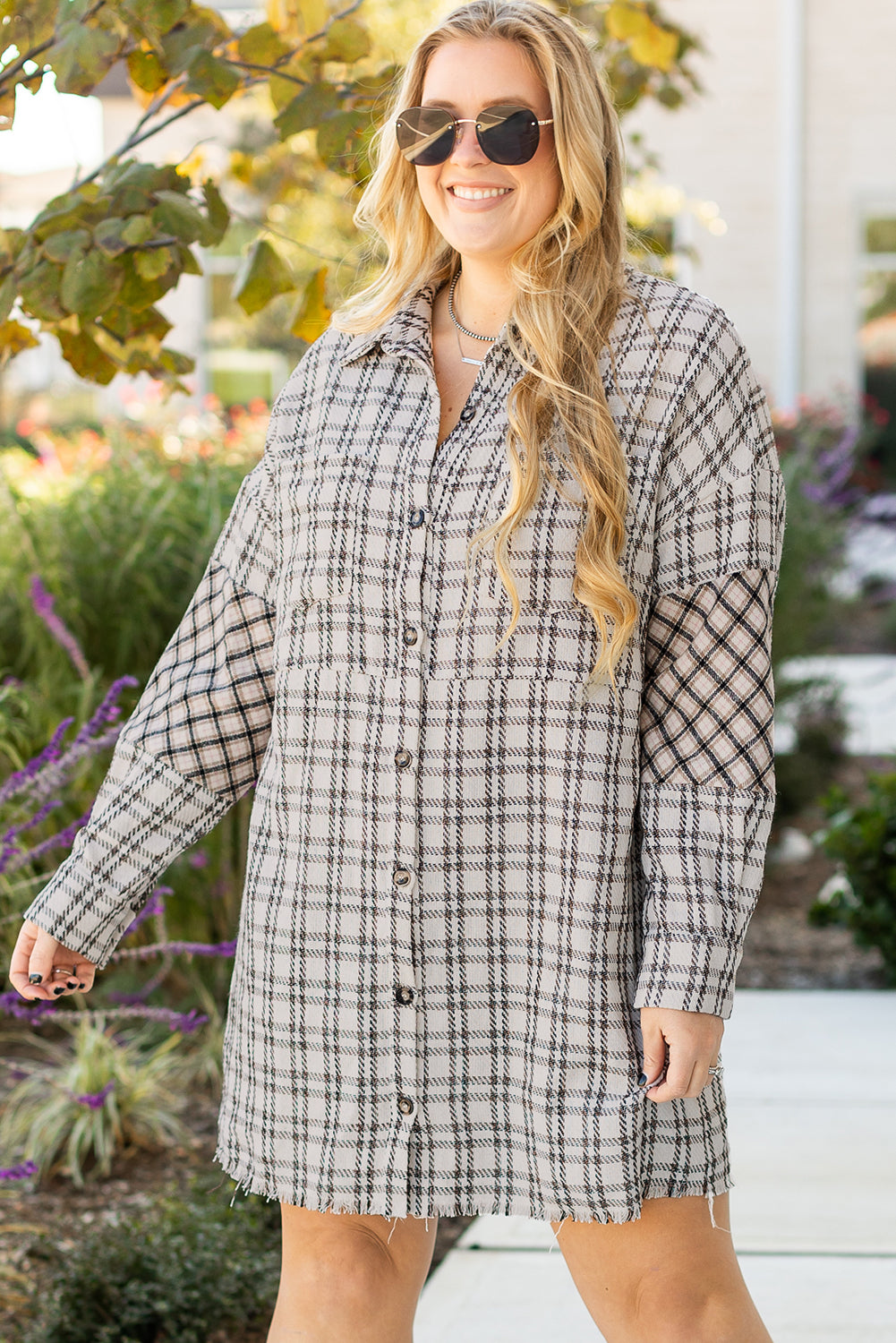 White Stripe Plus Size Plaid Buttoned Raw Hem Tunic Shirt Dress - Bagged Store