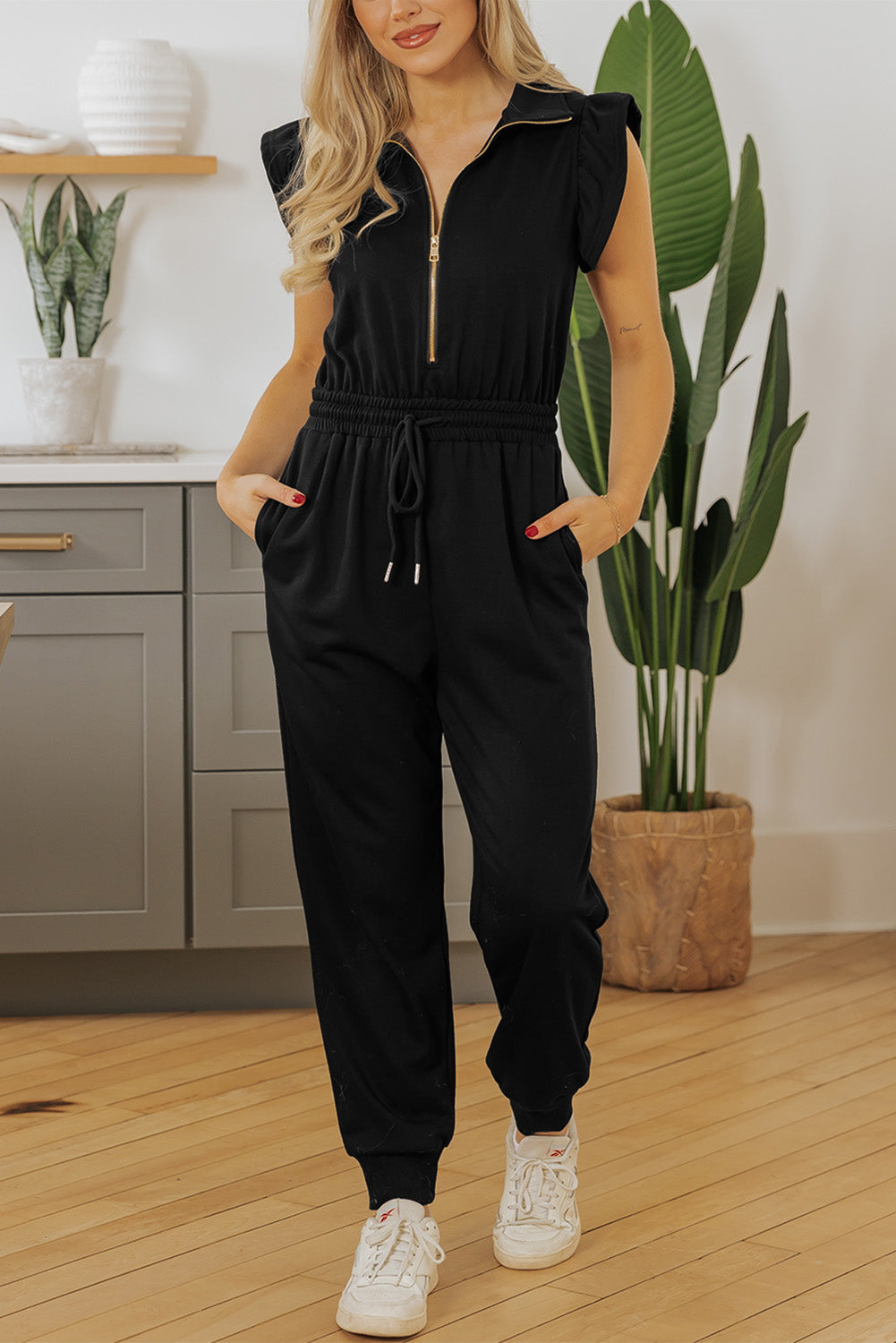 Black Zipper Flutter Sleeve Drawstring High Waist Jumpsuit - Bagged Store