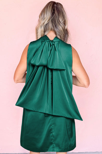 Evergreen Bow Tie Satin Shift Sleeveless Mini Dress - Bagged Store