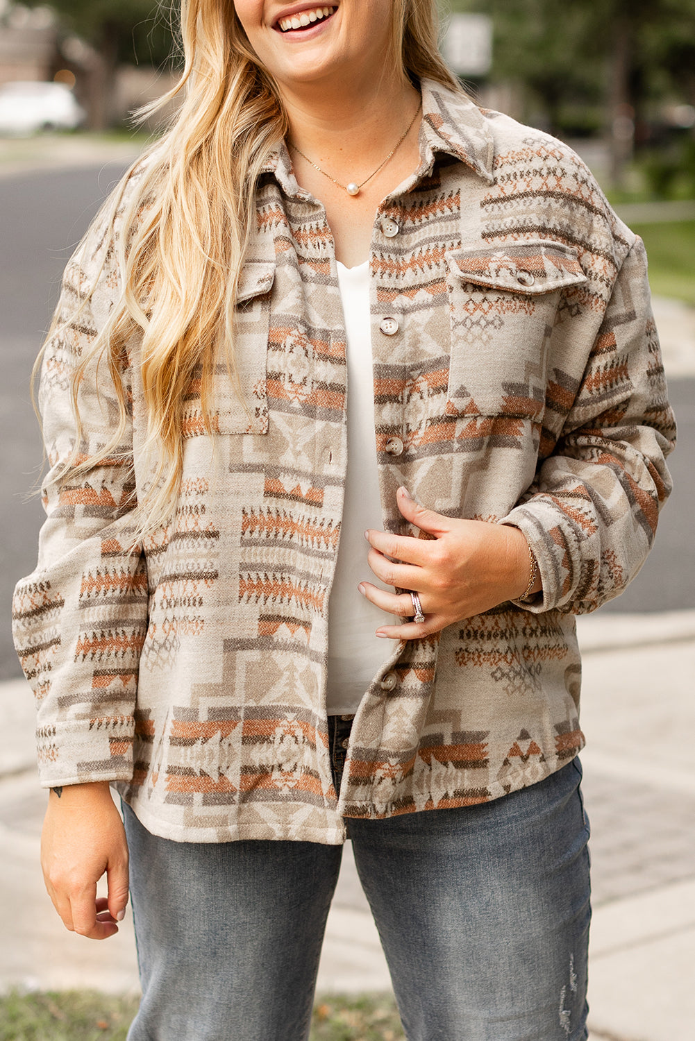 White Aztec Geometric Print Pockets Plus Size Jacket - Bagged Store