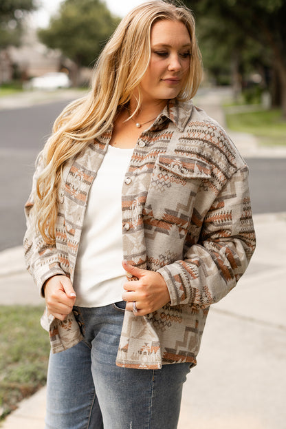 White Aztec Geometric Print Pockets Plus Size Jacket - Bagged Store