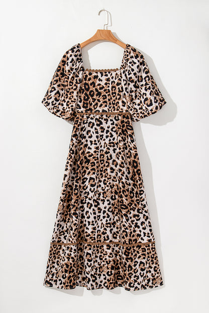 Brown Leopard Print Bubble Sleeve Square Neck Maxi Dress - Bagged Store