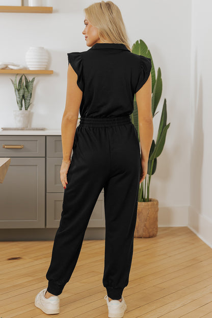 Black Zipper Flutter Sleeve Drawstring High Waist Jumpsuit - Bagged Store