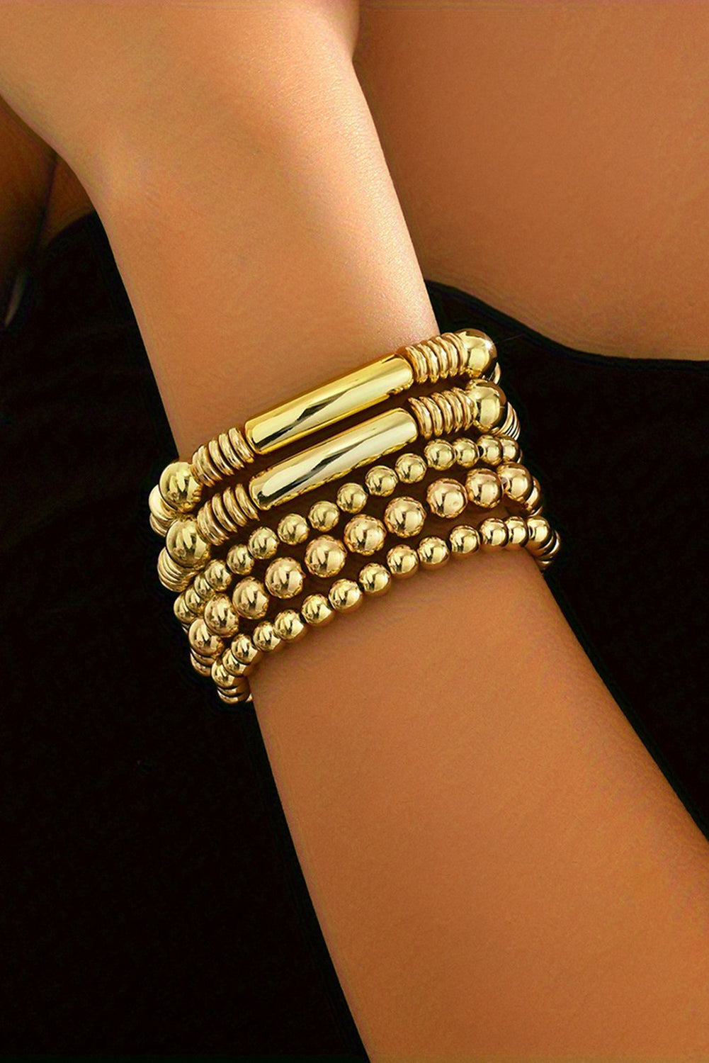 Gold Layered Plated Alloy Beaded Elastic Bracelet Set - Bagged Store