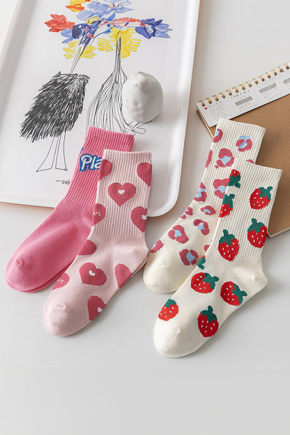 Light Pink Heart Print Ribbed Trim Soft Crew Socks - Bagged Store