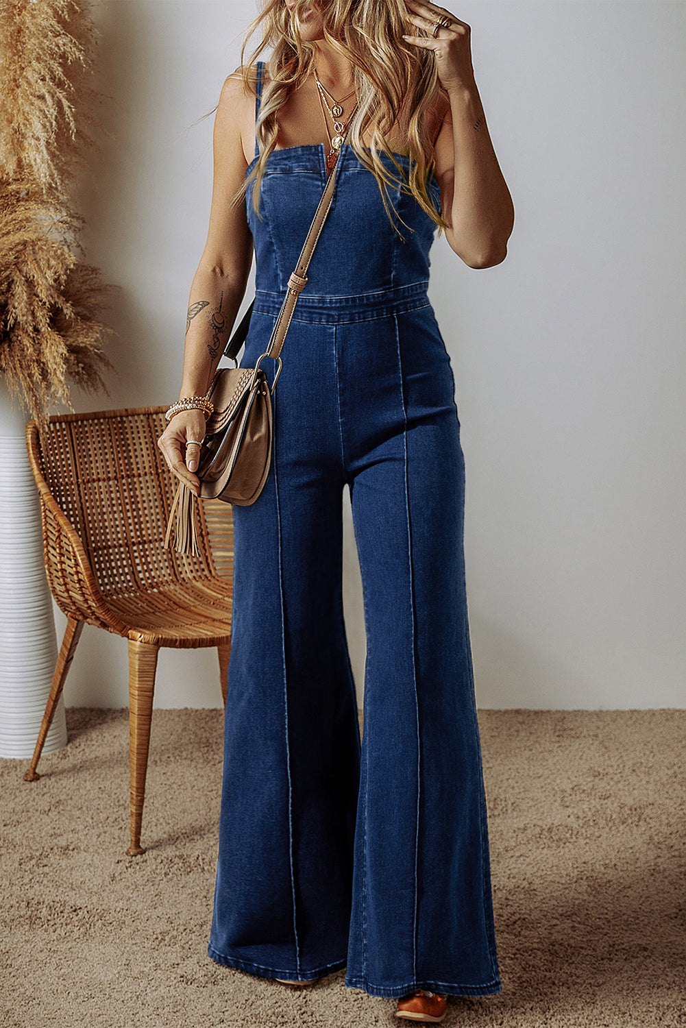 Sail Blue Seamed Zipper Spaghetti Strap High Waist Flared Jumpsuit - Bagged Store