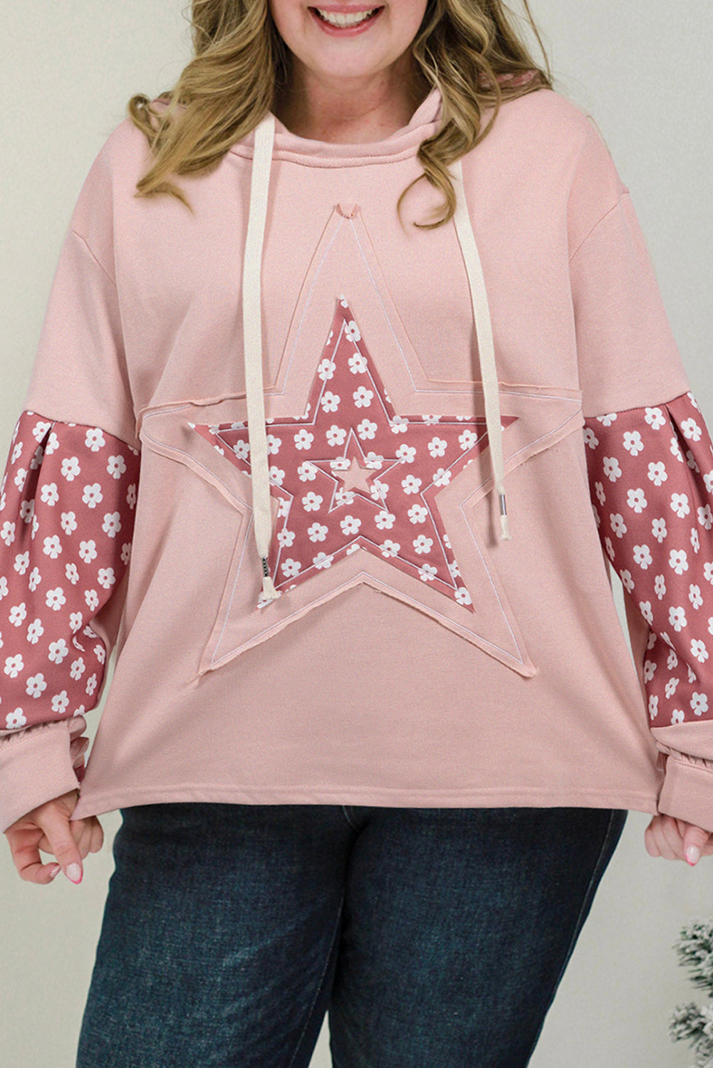 Delicacy Star Patch Graphic Floral Color Block Drawstring Plus Size Hoodie - Bagged Store