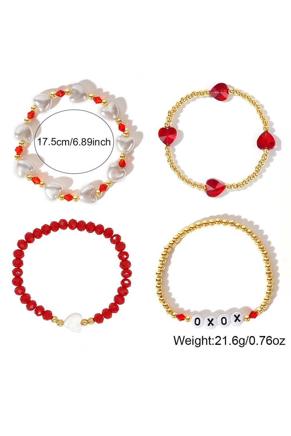 Fiery Red XOXO Heart Beaded 4pcs Layered Bracelet - Bagged Store