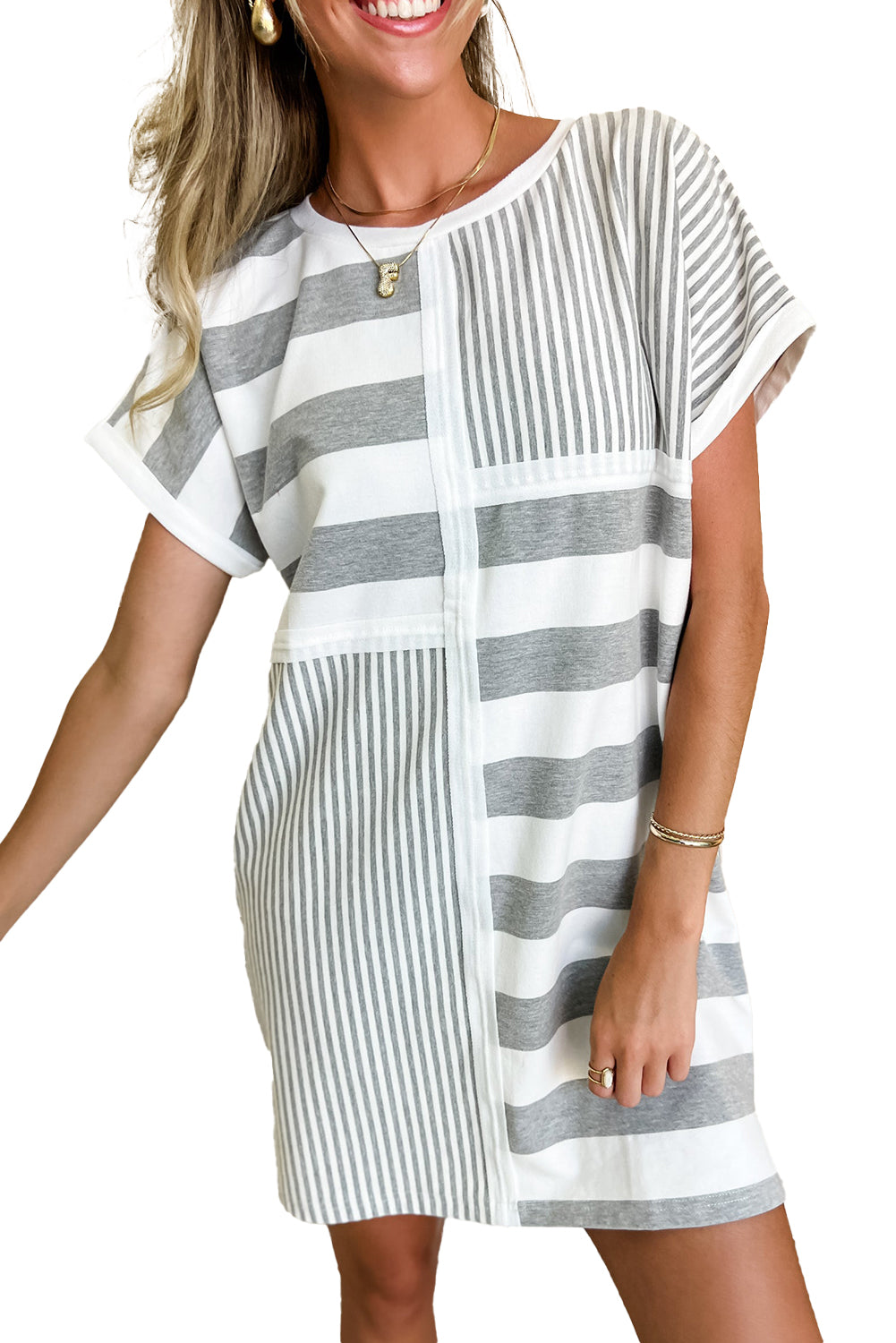 Gray Stripe Mixed Printed Short Sleeve Shift Mini T Shirt Dress - Bagged Store