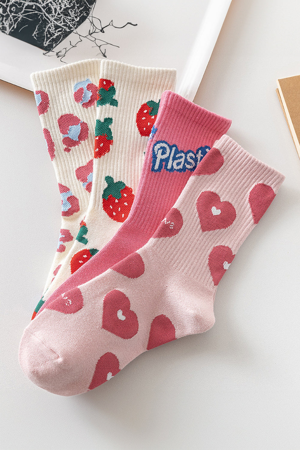 Light Pink Heart Print Ribbed Trim Soft Crew Socks - Bagged Store