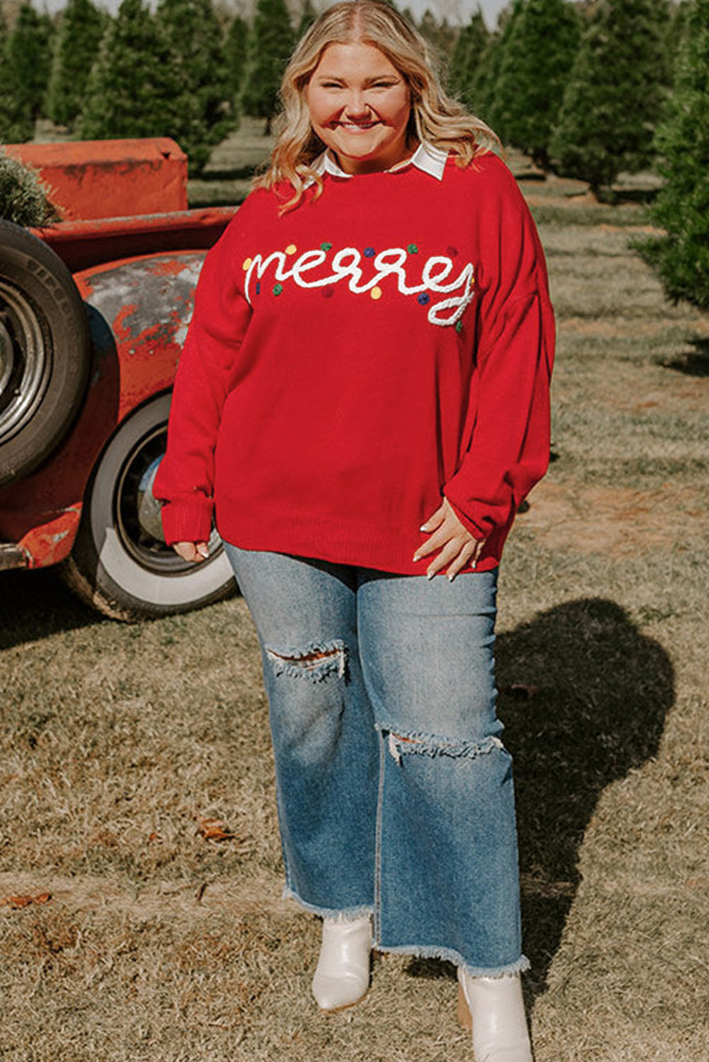 Fiery Red Merry Graphic Christmas Plus Size Sweater - Bagged Store