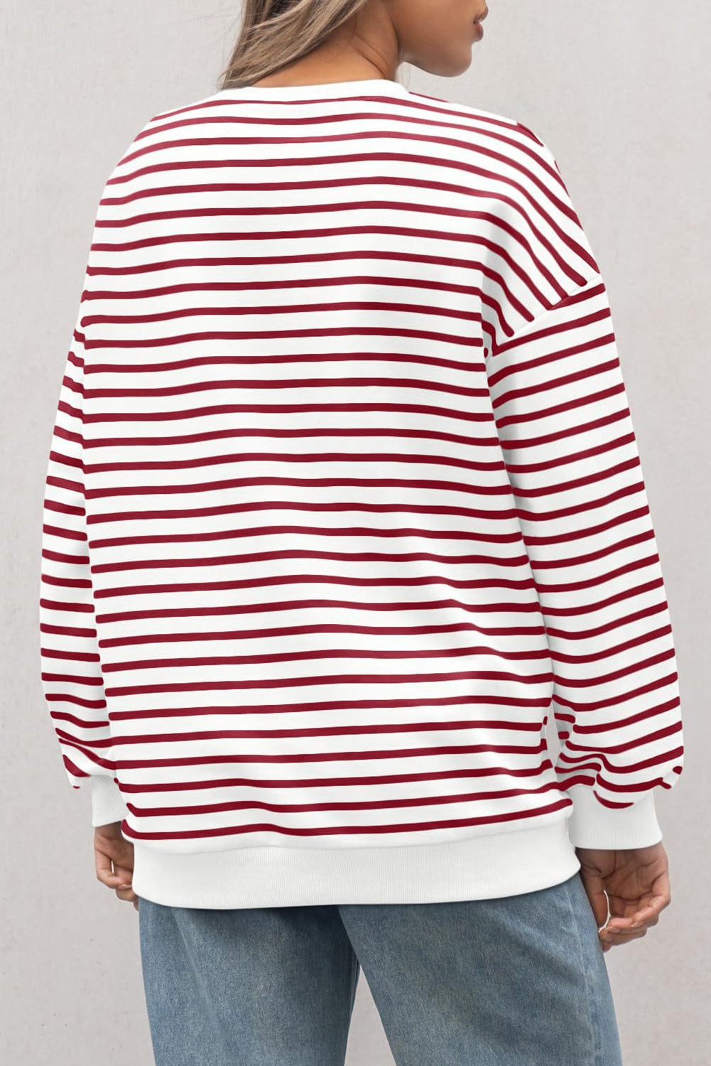 Coffee Striped Long Sleeve Round Neck Loose Top - Bagged Store