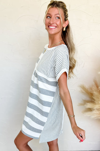 Gray Stripe Mixed Printed Short Sleeve Shift Mini T Shirt Dress - Bagged Store