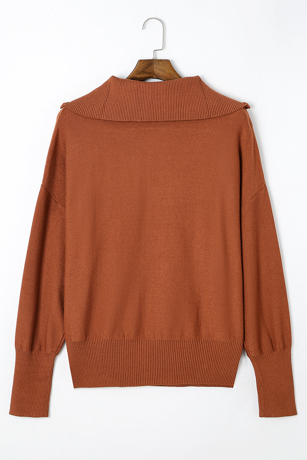 Brown Solid Ribbed Trim Plus Size Zip Collar Sweater - Bagged Store