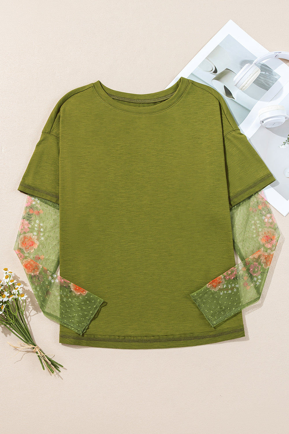 Fern Green Faux Two Piece Floral Long Sleeve Patchwork Tee - Bagged Store