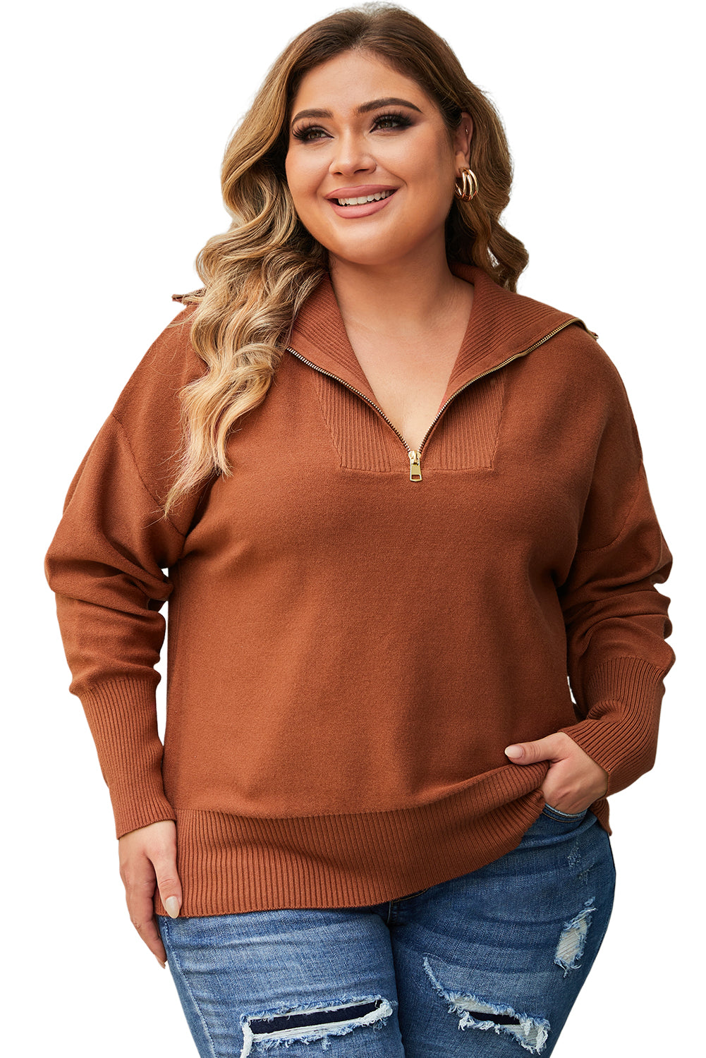 Brown Solid Ribbed Trim Plus Size Zip Collar Sweater - Bagged Store