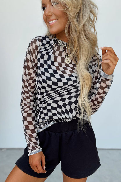 Khaki Checkered Pattern Mesh Mock Neck Long Sleeve Top - Bagged Store