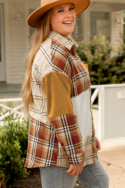 Golden Apricot Plus Size Plaid Patchwork Button up Shacket - Bagged Store