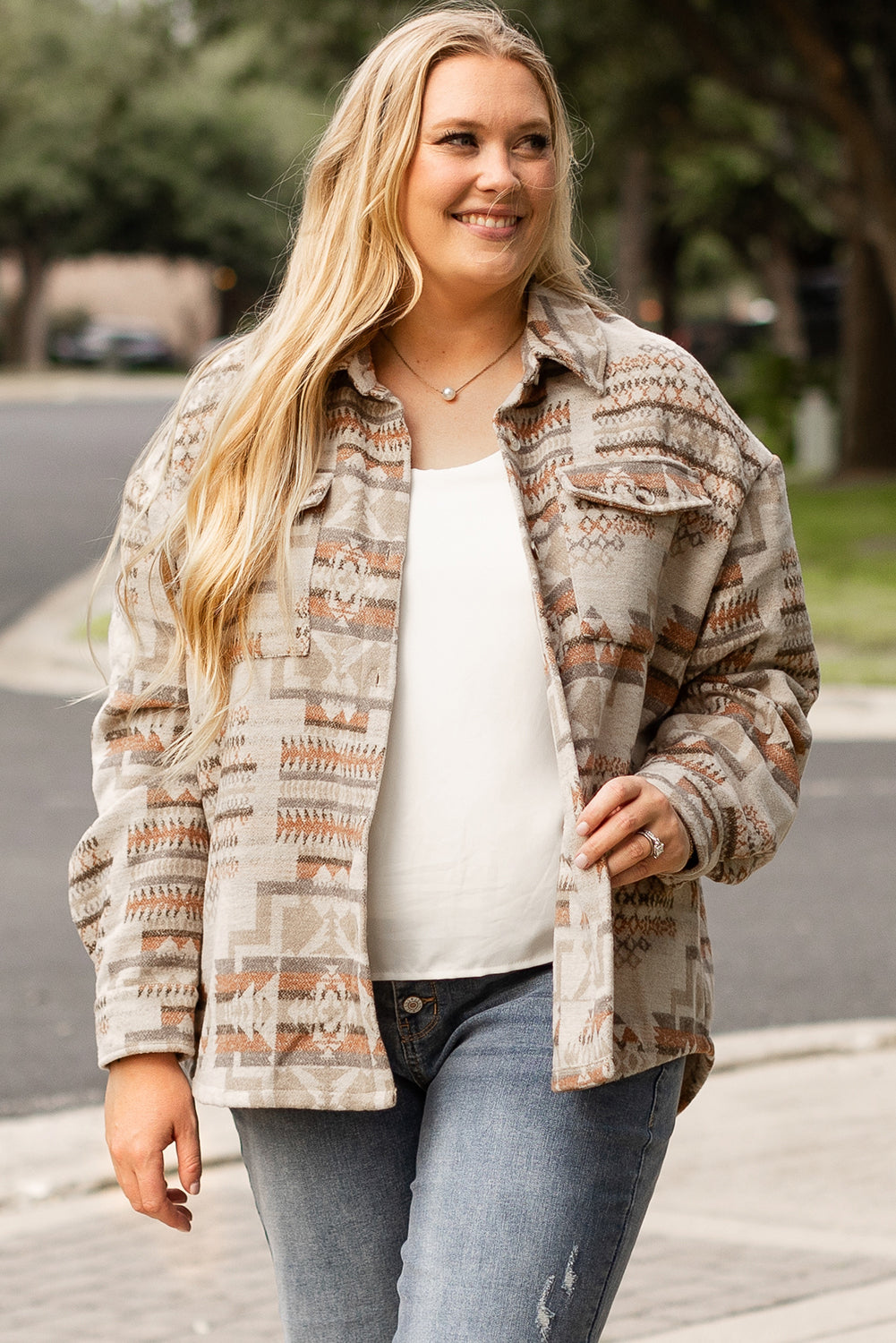 White Aztec Geometric Print Pockets Plus Size Jacket - Bagged Store