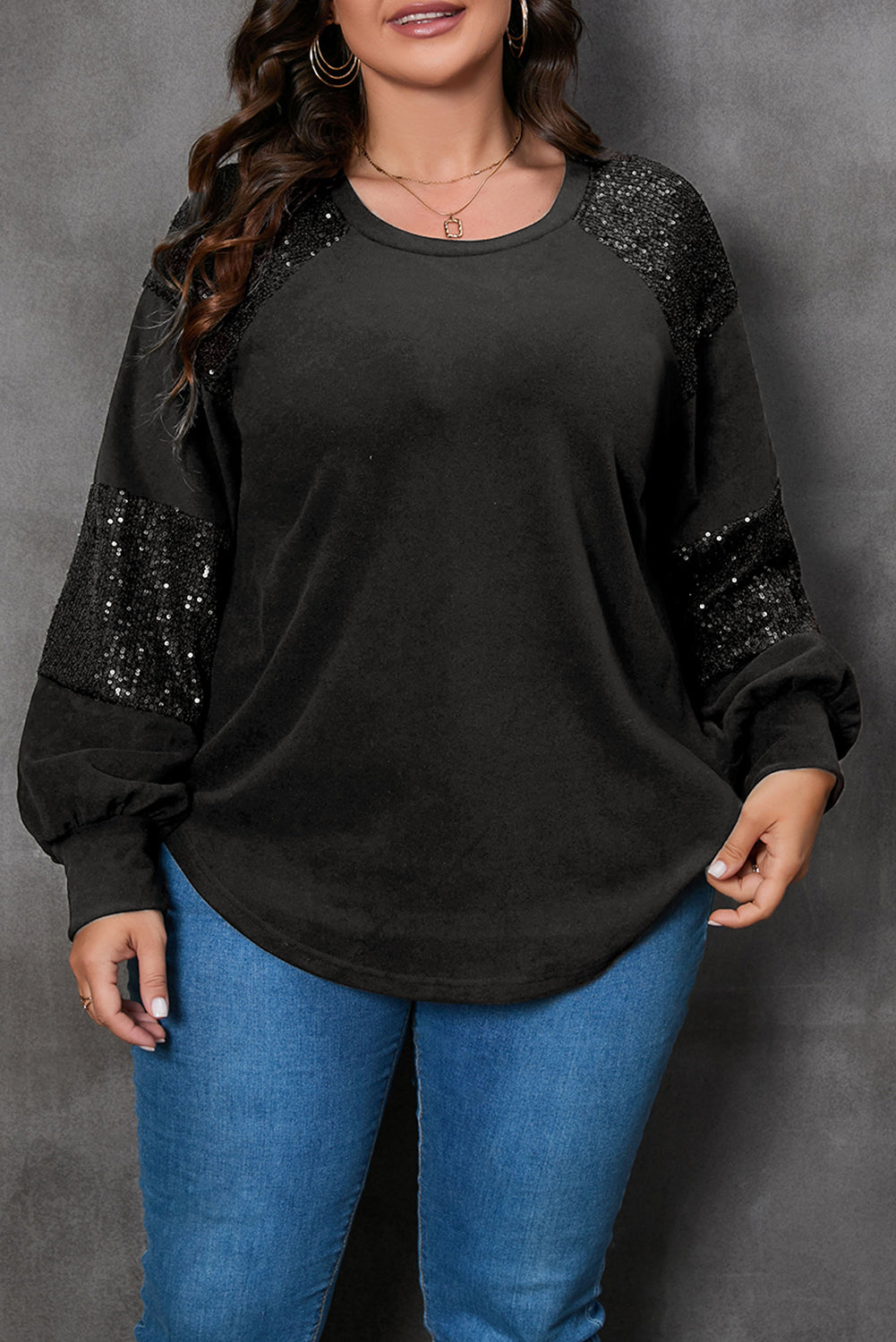 Black Plus Size Sequin Patchwork Crew Neck Long Sleeve Top - Bagged Store