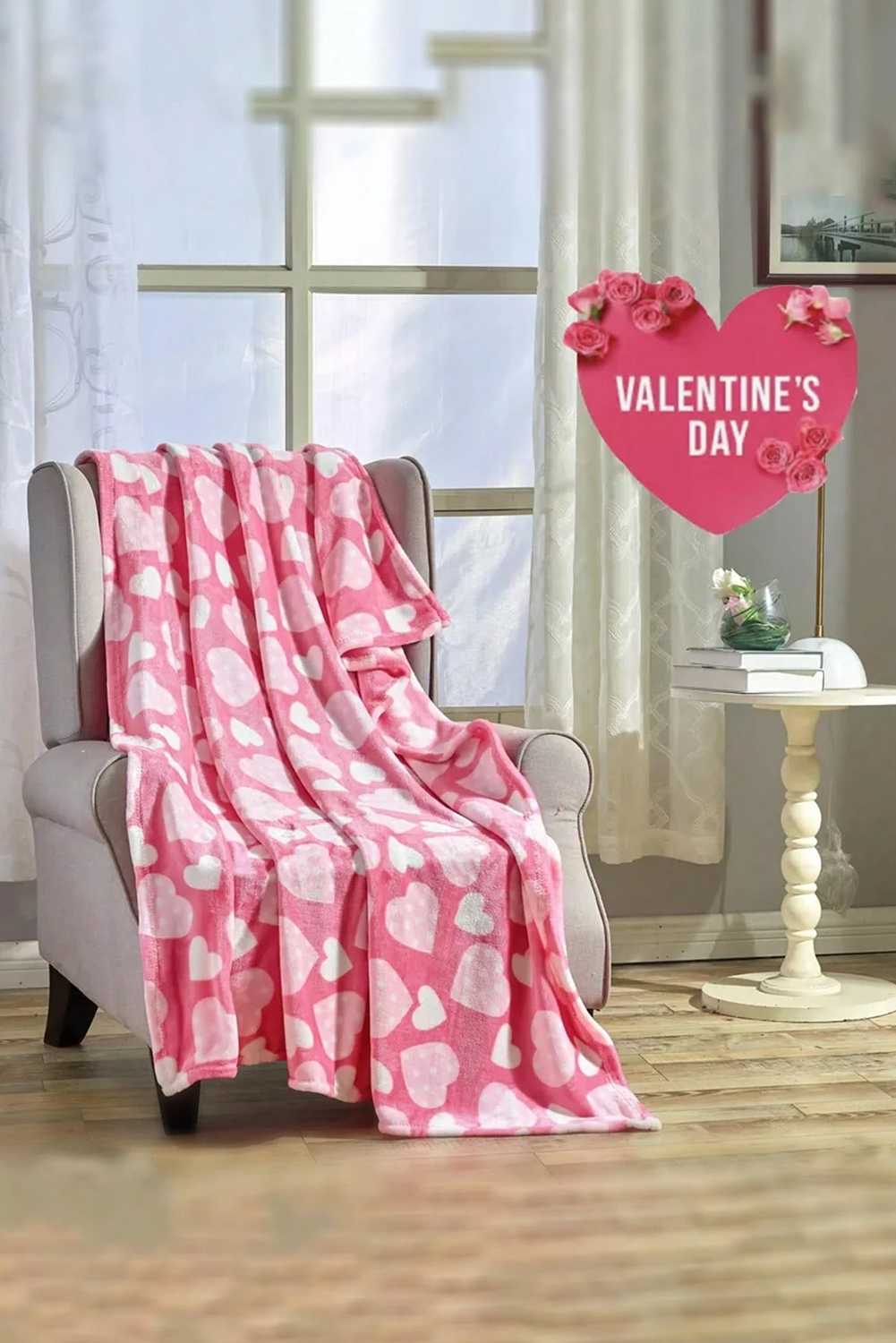 Peach Blossom Valentines Vibe Heart Print Soft Flannel Large Blanket - Bagged Store