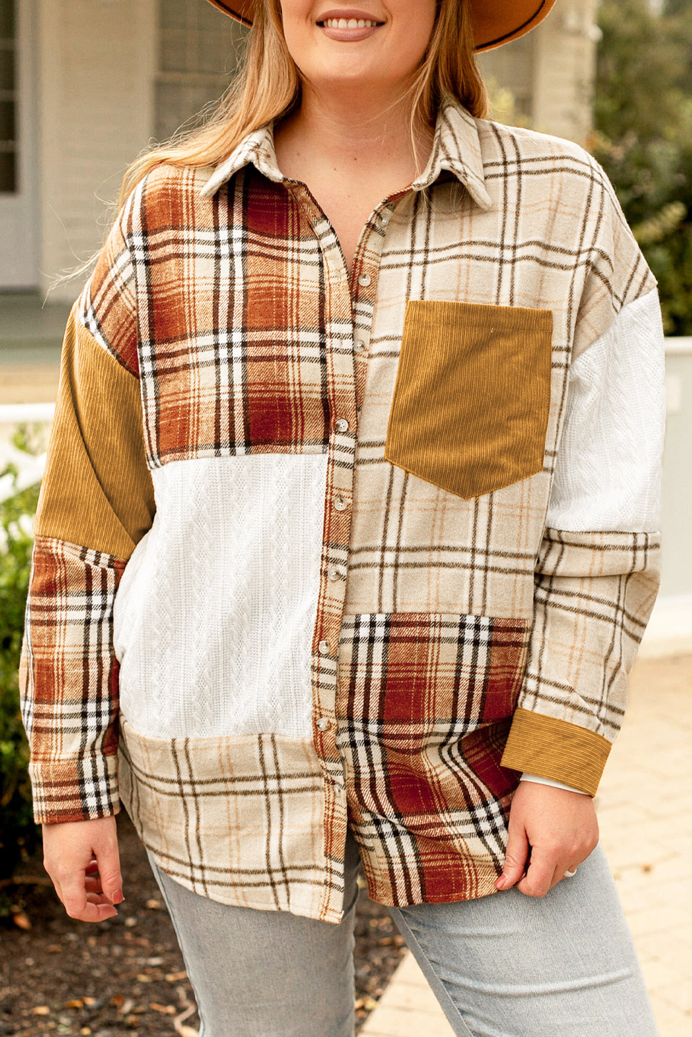 Golden Apricot Plus Size Plaid Patchwork Button up Shacket - Bagged Store