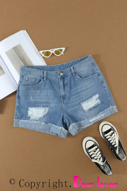 Distressed Ripped Rolled Hem Sky Blue Denim Shorts - Bagged Store