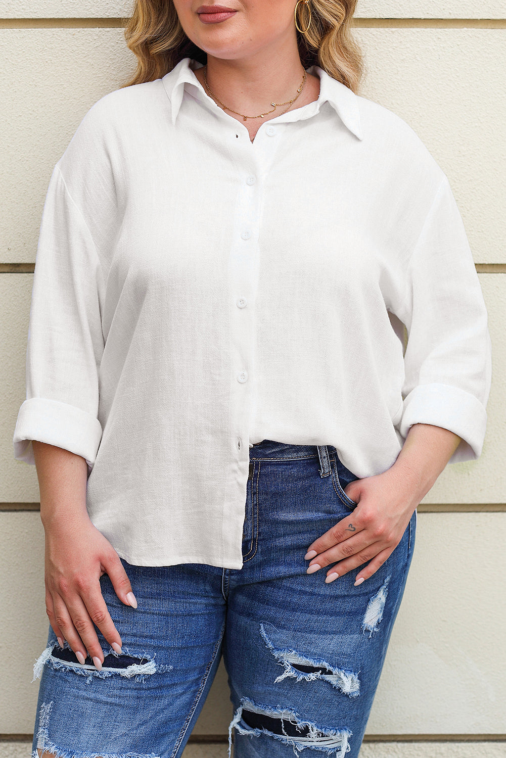 White Plus Size Linen Textured Button Up Shirt - Bagged Store