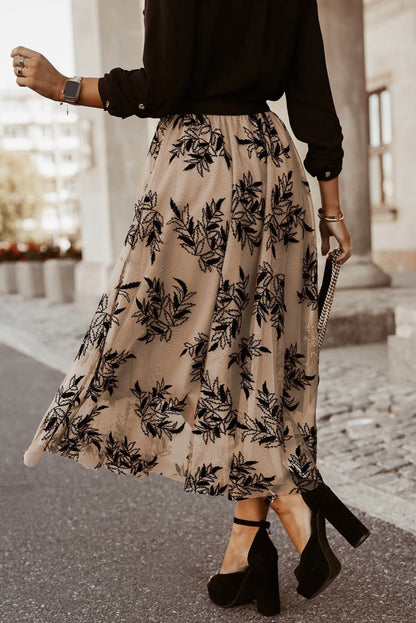 Gold Flame Floral Leaves Embroidered High Waist Maxi Skirt - Bagged Store