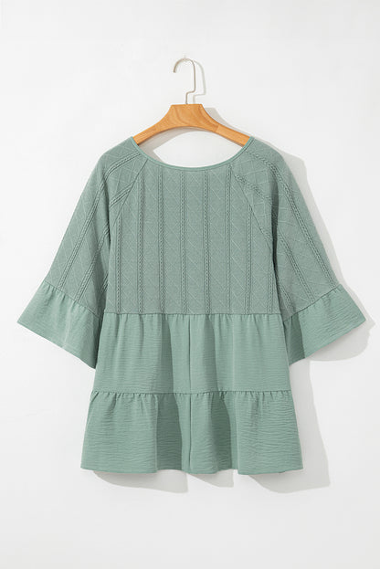 Laurel Green Tie Split Neck Textured Ruffle Patchwork Blouse - Bagged Store