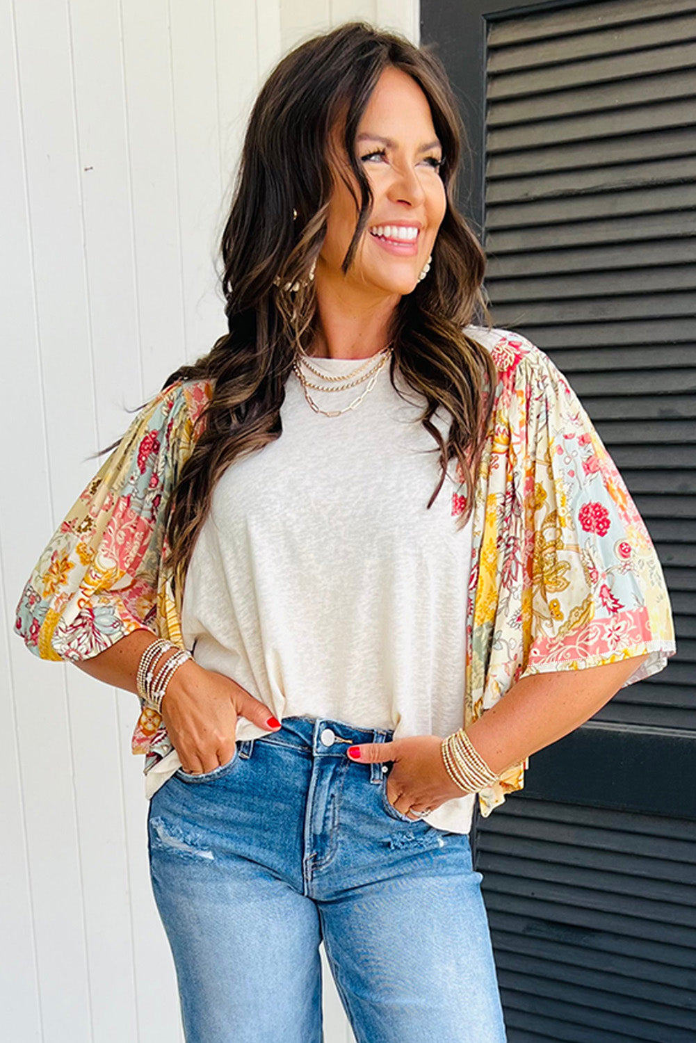 Beige Floral Patchwork Half Batwing Sleeve Blouse - Bagged Store