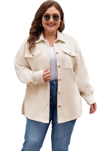 Oatmeal Textured Flap Pockets Buttoned Plus Size Shacket - Bagged Store