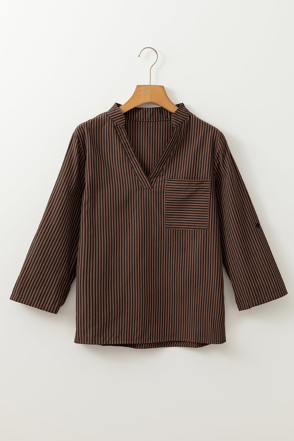 Brown Stripe V Neck Roll Up Sleeve Pocket Patched Classic Shirt - Bagged Store