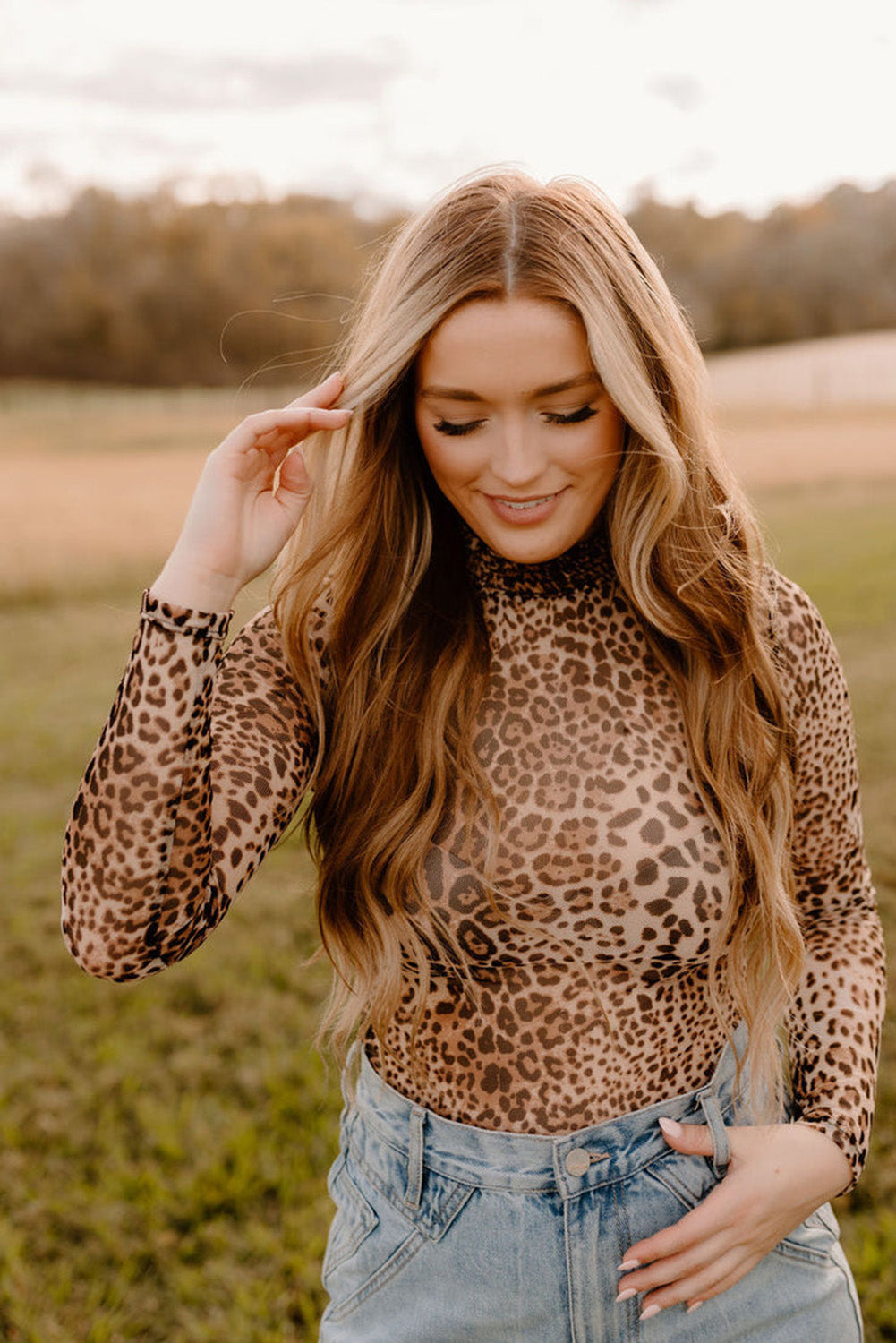 Brown Leopard Smocked Neck Mesh Long Sleeve Bodysuit - Bagged Store