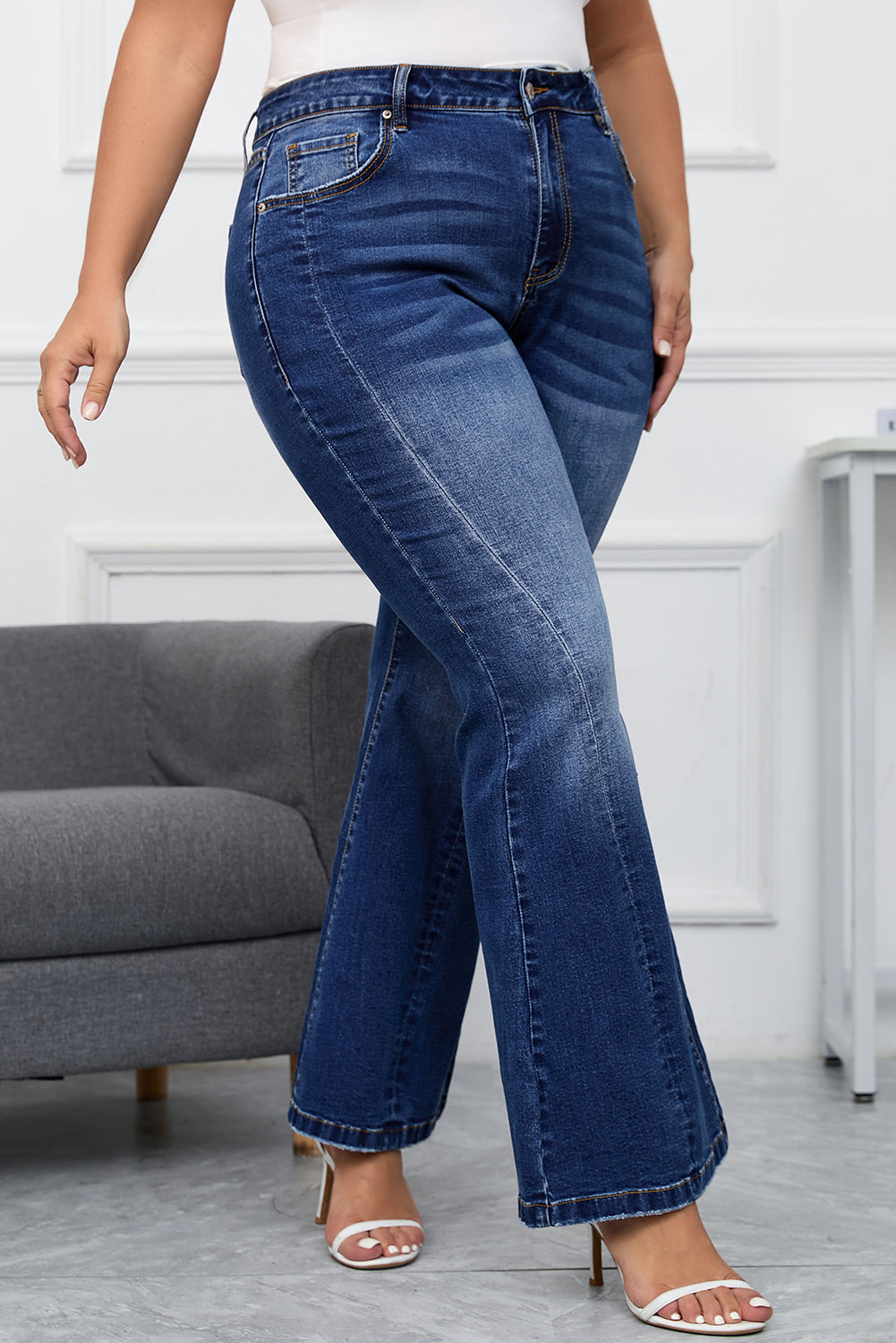 Dark Blue Plus Size Stitching Washed Flare Jeans - Bagged Store