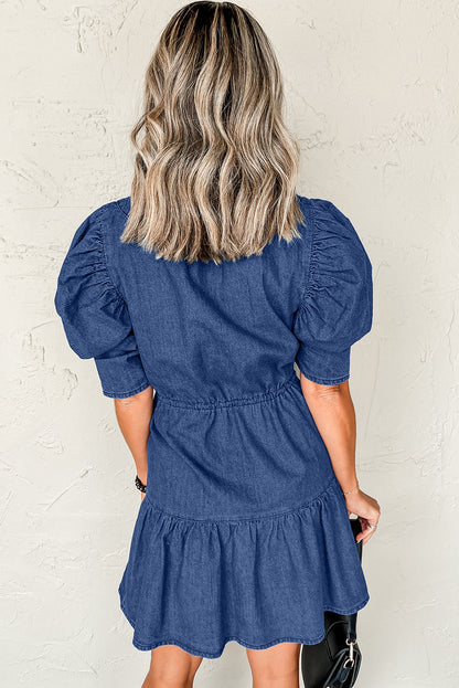 Blue Drawstring High Waist Puff Sleeve Denim Mini Dress - Bagged Store