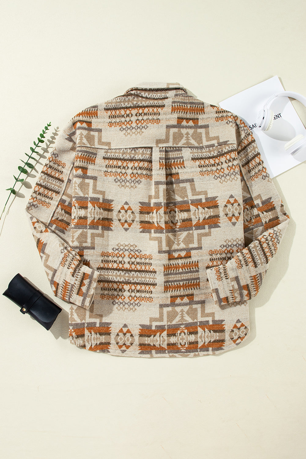 White Aztec Geometric Print Pockets Plus Size Jacket - Bagged Store