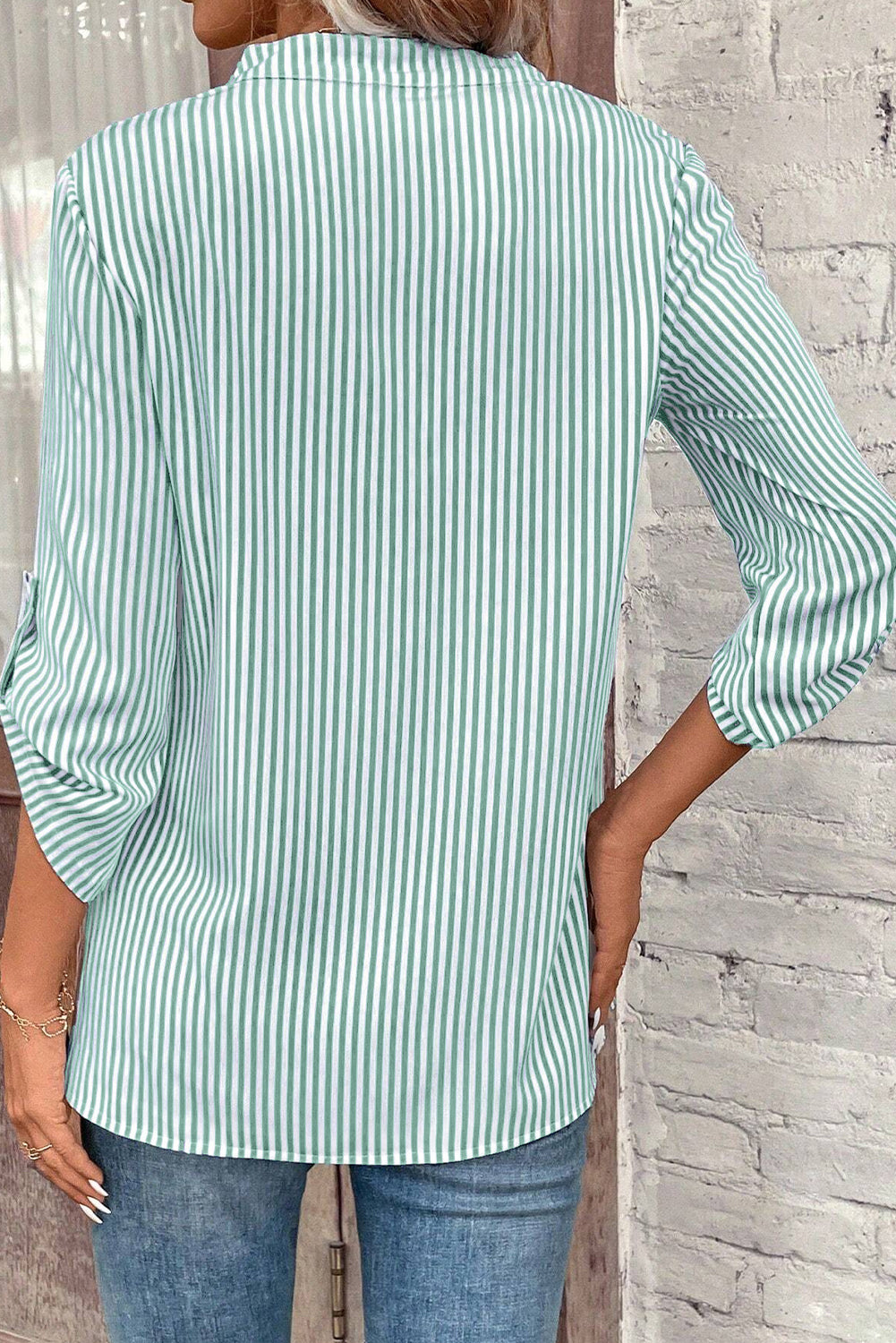 Brown Stripe V Neck Roll Up Sleeve Pocket Patched Classic Shirt - Bagged Store