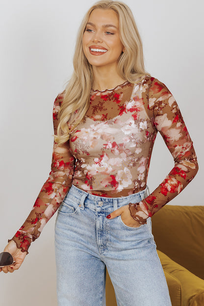 Red Floral Print Sheer Mesh Long Sleeve Top - Bagged Store