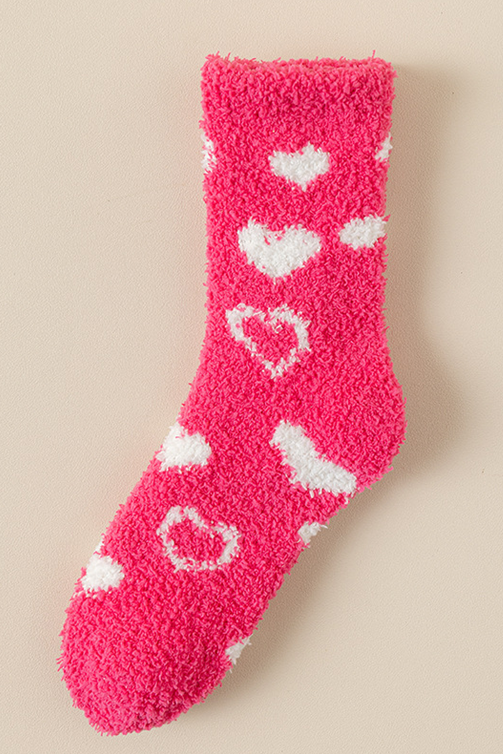 Strawberry Pink Heart Shape Print Coral Fleece Thick Crew Socks - Bagged Store